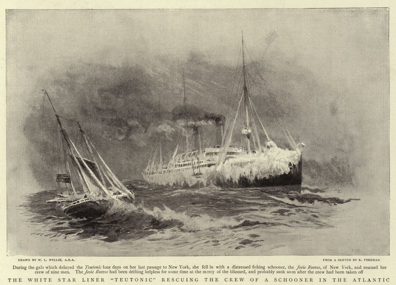 Beyaz Yıldız Gemisi Teutonic, Atlantik'te bir Schooner Mürettebatını kurtarıyor by William Lionel Wyllie