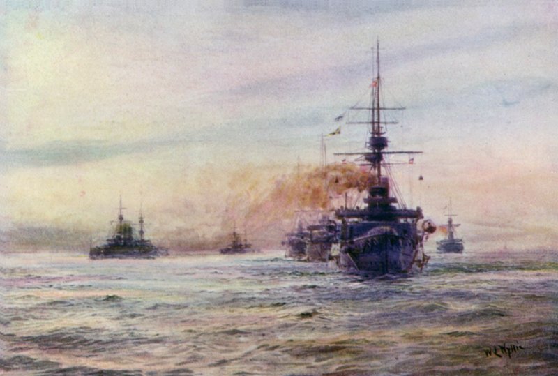 Majestic sınıfının beyaz çağ savaş gemileri by William Lionel Wyllie