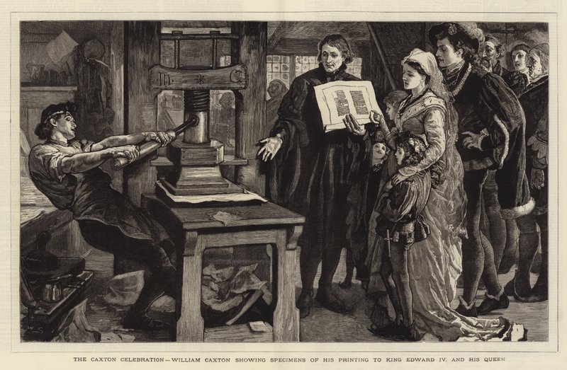 Caxton Kutlaması, William Caxton, Kral IV. Edward ve Kraliçesine yaptığı baskının örneklerini gösteriyor by William Small