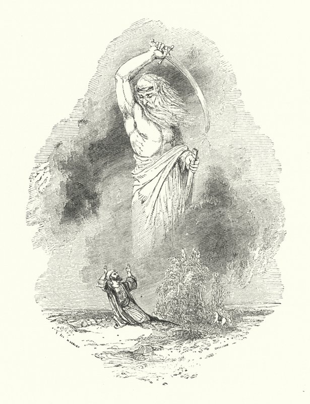 Tüccar ve Jinee (gravür) by William (after) Harvey