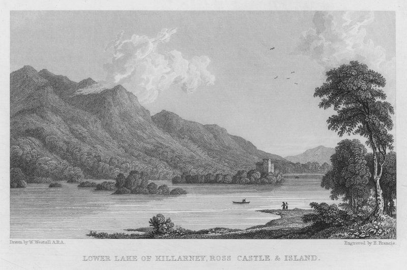 Aşağı Killarney Gölü, Ross Kalesi ve Adası (gravür) by William (after) Westall