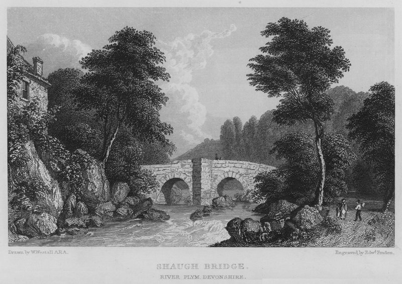 Shaugh Köprüsü, Nehir Plym, Devonshire (gravür) by William (after) Westall