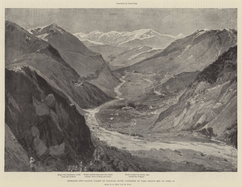 13 Nisan'da Umra Khan'ın Adamları tarafından itiraz edilen Panjkora Nehri Vadisi Bajaur'a giriş by William Barnes Wollen