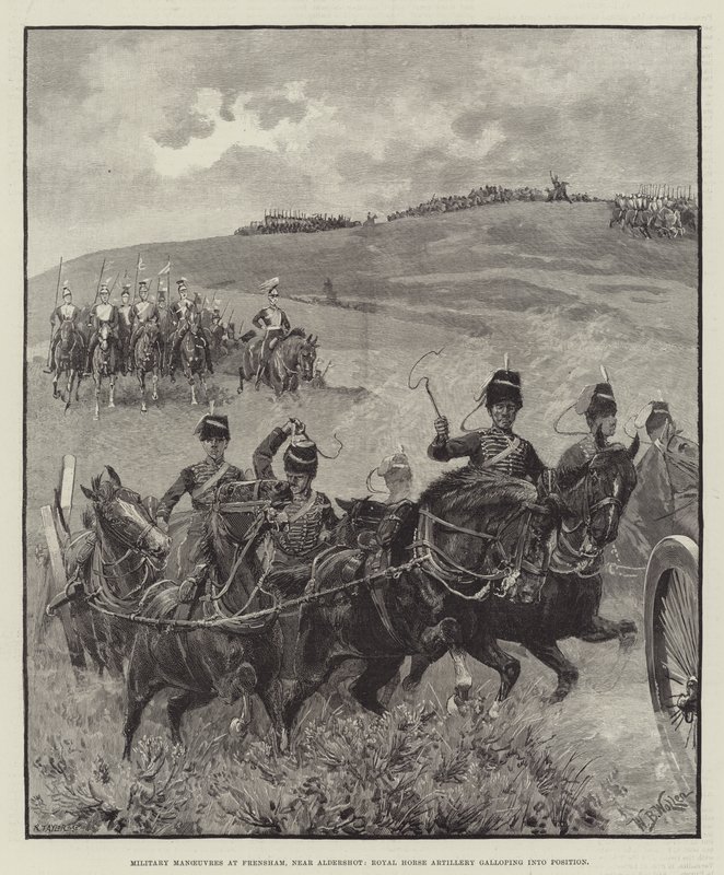 Aldershot yakınlarındaki Frensham'da Askeri Manevralar, Royal Horse Artillery dörtnala pozisyona giriyor by William Barnes Wollen
