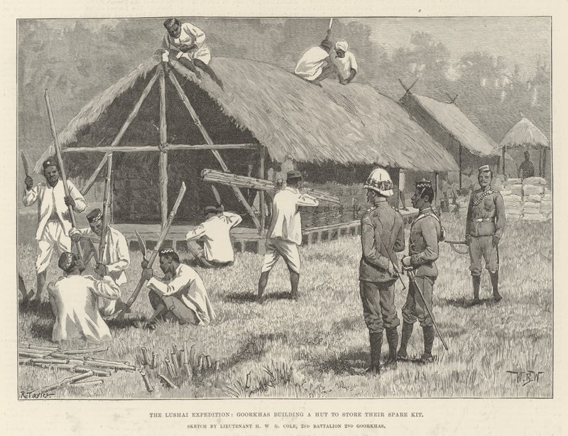 Lushai Expedition, Goorkhas Yedek Kitlerini saklamak için bir Kulübe inşa ediyor by William Barnes Wollen