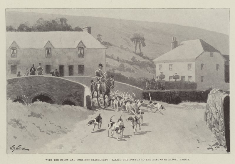 Devon ve Somerset Staghounds ile Tazıları Exford Köprüsü üzerinde Buluşmaya götürmek by William Barnes Wollen
