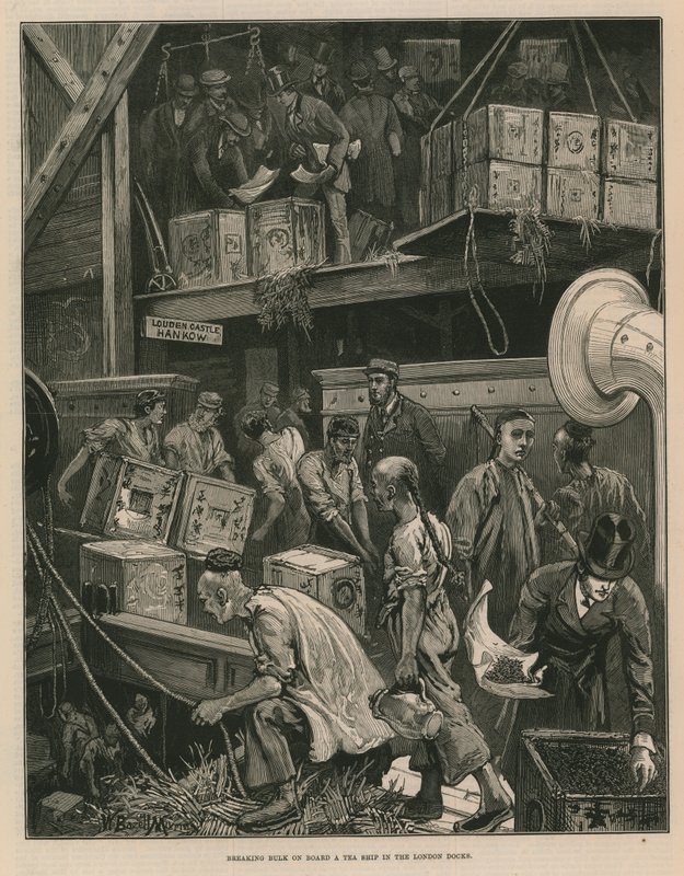 Londra rıhtımında bir çay gemisinde toplu kırma (gravür) by William Bazett Murray