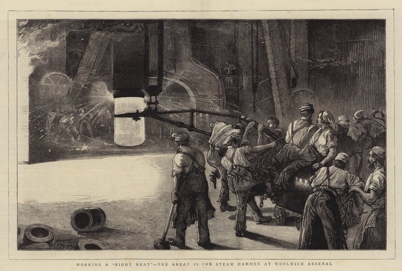 Working a Night Heat, the Great 35-Ton Steam Hammer at Woolwich Arsenal  by William Bazett Murray