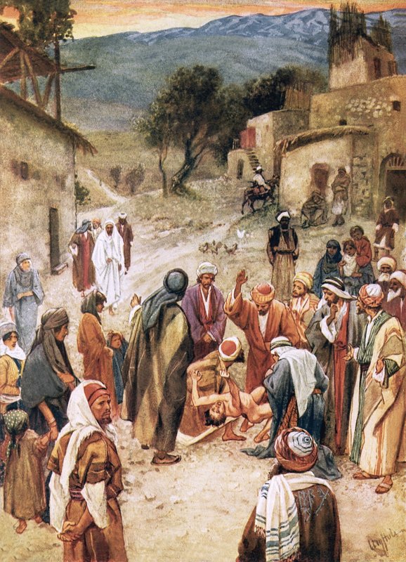 İsa, öğrencilerinin içinden bir şeytan çıkarmayı başaramadığı bir çocuğu iyileştirmek üzere by William Brassey Hole