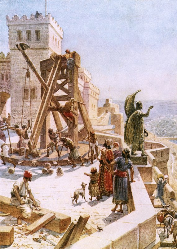 Uzziah Kudüs surlarına savaş lokomotifleri dikiyor by William Brassey Hole