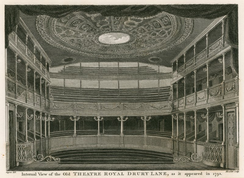 1792'de göründüğü gibi eski Kraliyet Tiyatrosu, Drury Lane, Londra'nın iç görünümü by William Capon