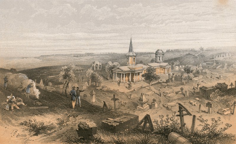 Fransız pil No 50 ile karantina mezarlığı ve kilise by William Crimea Simpson
