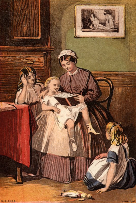 Nazik hizmetçi: küçük çocuklara kitap okuyan bir hizmetçi (chromolitho) by William Dickes