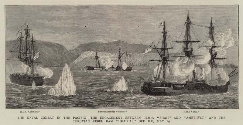 Pasifik'teki Deniz Savaşı, HMS Shah ve Ametist ile Perulu Asi Ram Huascar arasındaki Nişan, Ilo açıklarında, 29 Mayıs by William Edward Atkins