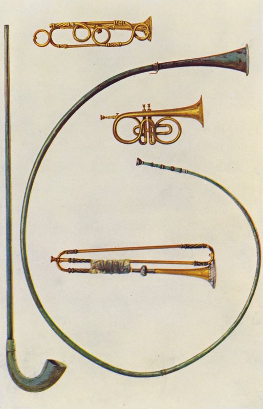 Müzik Aletleri: Lituus ve Buccina, Kornet, Trompet (renkli litho) by William Gibb