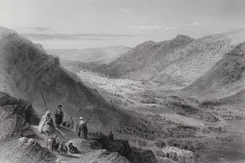 Sichem Vadisi ve Nablous, Antik Shechem (gravür) by William H. Bartlett