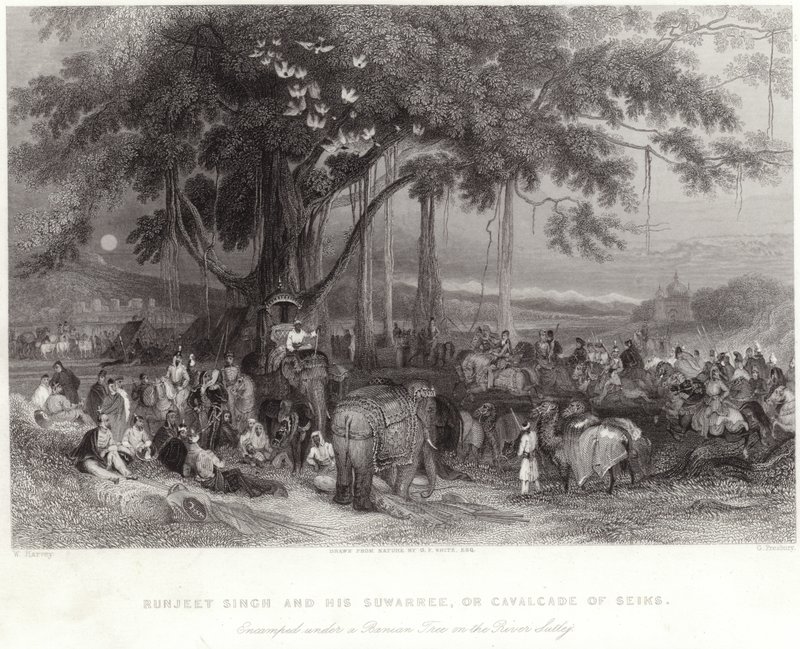 Runjeet Singh and his suwarree encamped under the banian tree on the River Sulley  by William Harvey