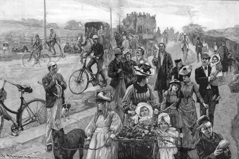 Street scene with many bicycles  by William Hatherell