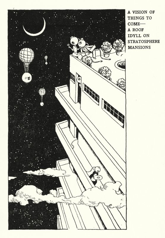 Geleceğin Vizyonu, Stratosfer Konaklarında Bir Çatı İdil (lito) by William Heath Robinson