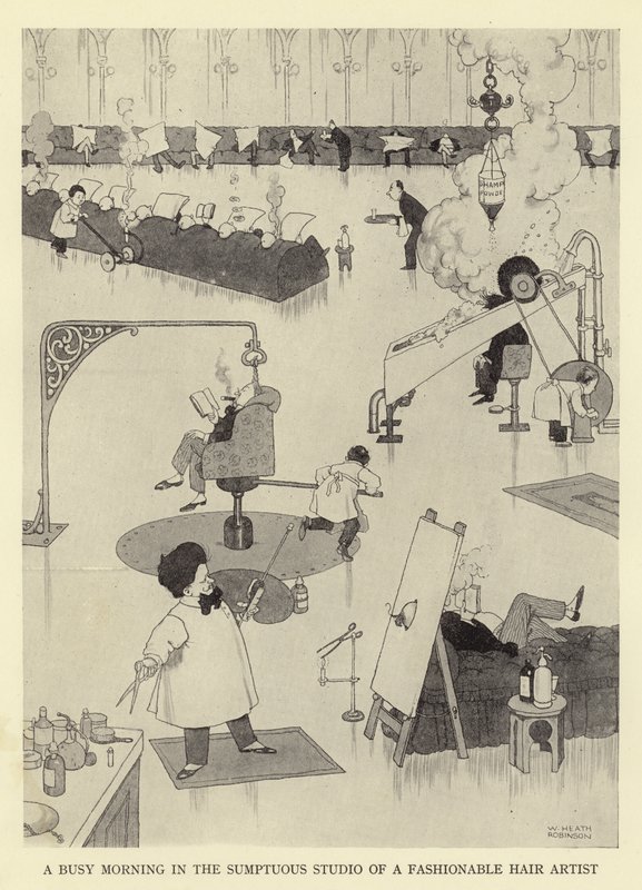 Şık bir saç sanatçısının görkemli stüdyosunda yoğun bir sabah by William Heath Robinson