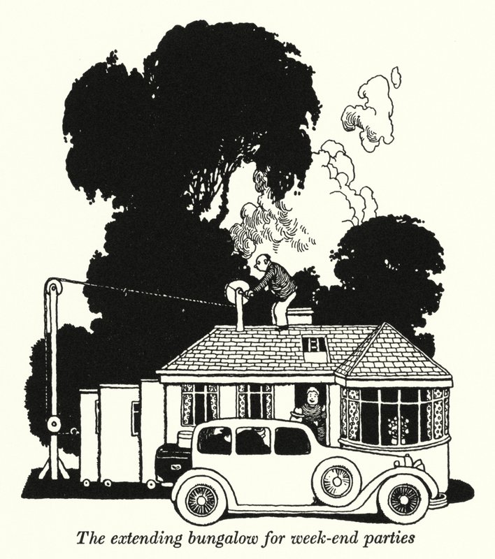 Hafta sonu partileri için genişleyen bir bungalov (litho) by William Heath Robinson