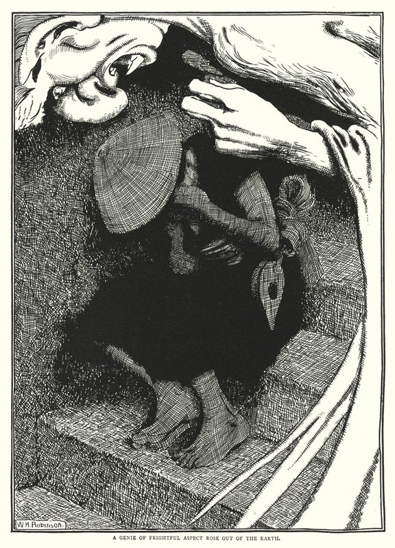 Korkunç görünüşlü bir cin topraktan çıktı (gravür) by William Heath Robinson