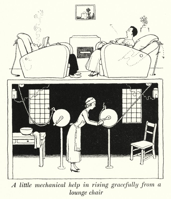 Bir şezlongdan zarif bir şekilde yükselmek için biraz mekanik yardım (litho) by William Heath Robinson