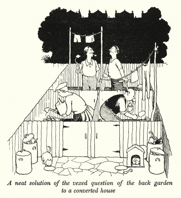Arka bahçeyle ilgili can sıkıcı sorunun dönüştürülmüş bir eve (lito) düzgün bir çözümü by William Heath Robinson