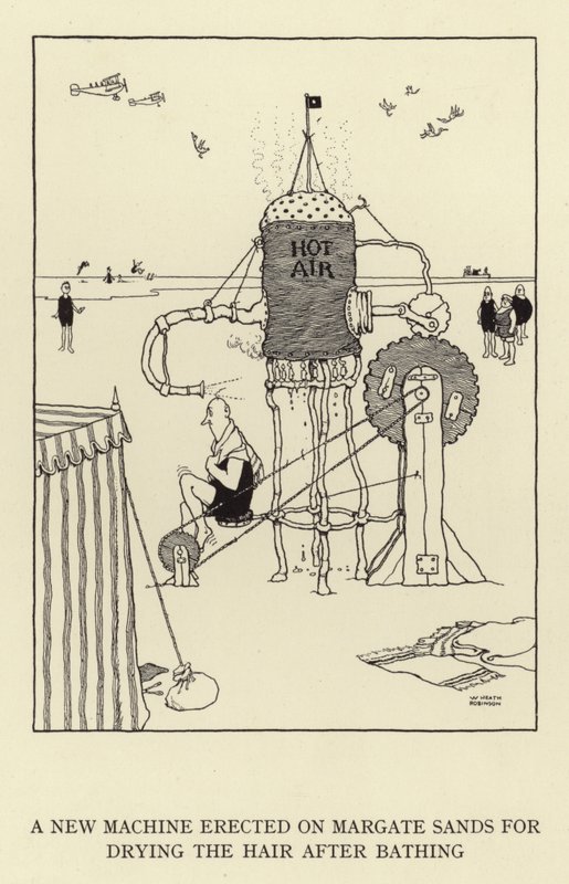 Banyodan sonra saçları kurutmak için Margate Sands üzerine kurulmuş yeni bir makine by William Heath Robinson