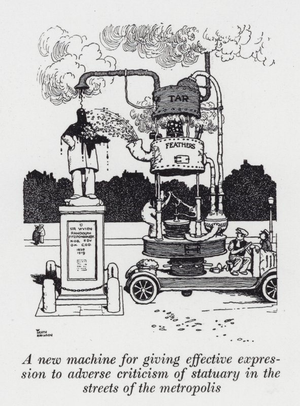 Metropol sokaklarında heykele yönelik olumsuz eleştirilere etkili bir ifade vermek için yeni bir makine (litho) by William Heath Robinson