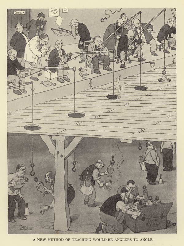 Olta balıkçılarına açı yapmayı öğretmek için yeni bir yöntem by William Heath Robinson