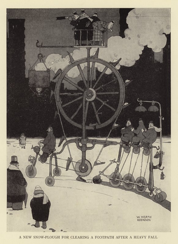 Ağır bir düşüşten sonra bir patikayı temizlemek için yeni bir kar küreme makinesi by William Heath Robinson
