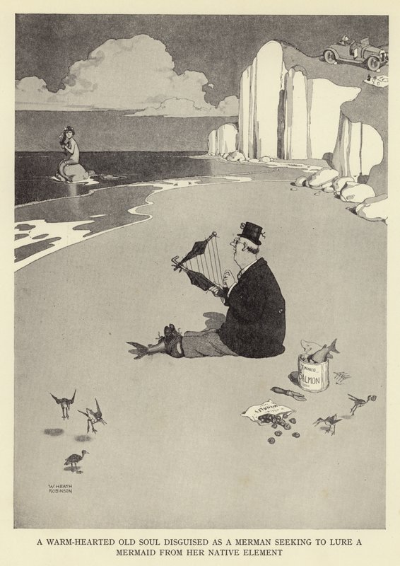 Bir denizkızını kendi doğal elementinden cezbetmek isteyen bir deniz adamı kılığına girmiş sıcak kalpli yaşlı bir ruh by William Heath Robinson
