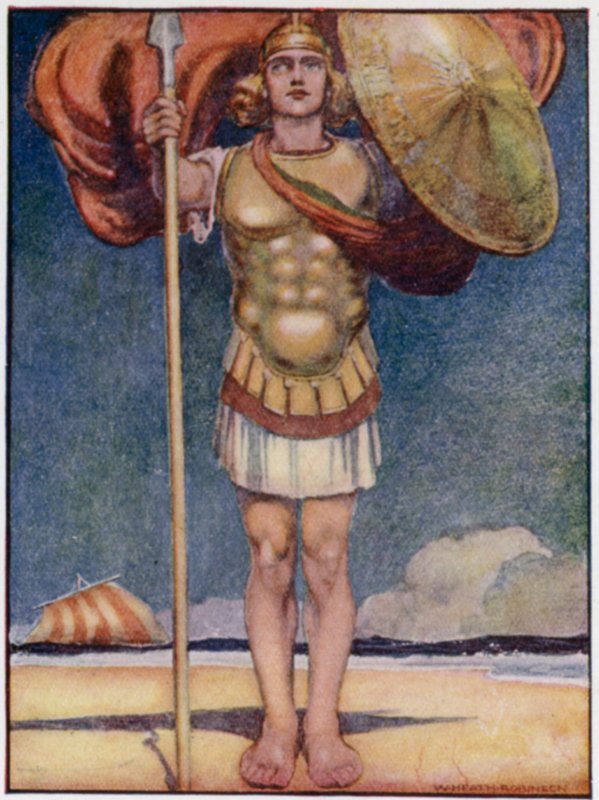 Aşil, en hızlı ayak ve tüm Yunan kahramanlarının en cesuru (renkli taş) by William Heath Robinson