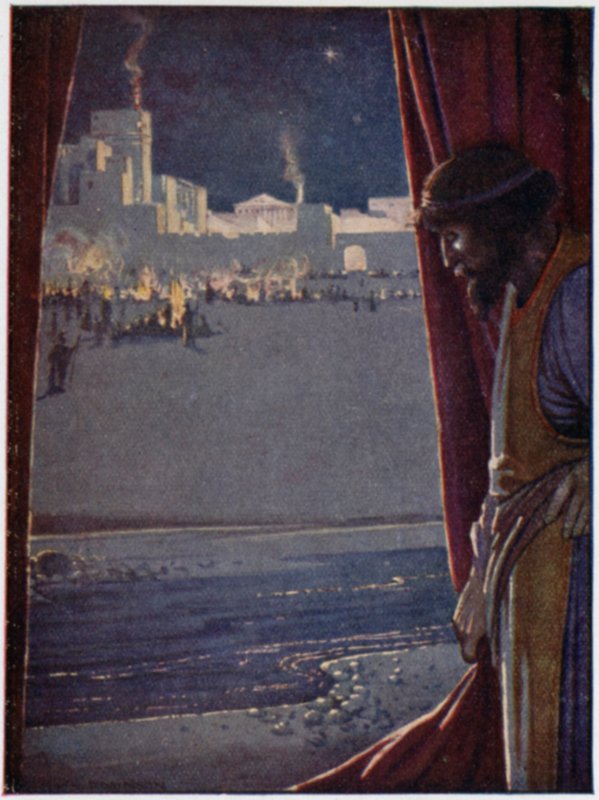 Agamemnon, Truvalılar ziyafet çekerken ve eğlenirken insanların boru ve flüt sesini ve kahkahalarını duydu (renkli lito) by William Heath Robinson