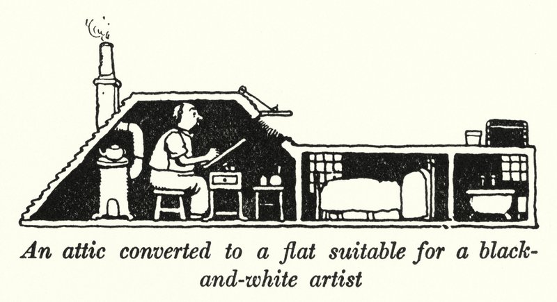 Siyah beyaz bir sanatçıya uygun bir daireye dönüştürülmüş bir çatı katı (lito) by William Heath Robinson