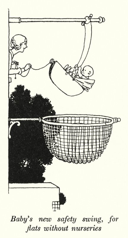 Bebek odası olmayan daireler için bebeğin yeni güvenlik salıncağı (litho) by William Heath Robinson