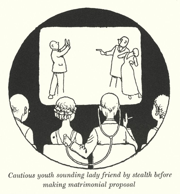 Evlilik teklifi yapmadan önce temkinli genç bayan arkadaş gizlice sesleniyor (lito) by William Heath Robinson