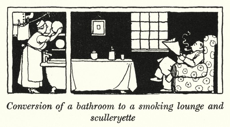 Banyonun sigara içme salonuna ve bulaşıkhaneye dönüştürülmesi (litho) by William Heath Robinson