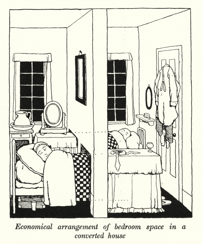 Dönüştürülmüş bir evde (lito) yatak odası alanının ekonomik düzenlenmesi by William Heath Robinson