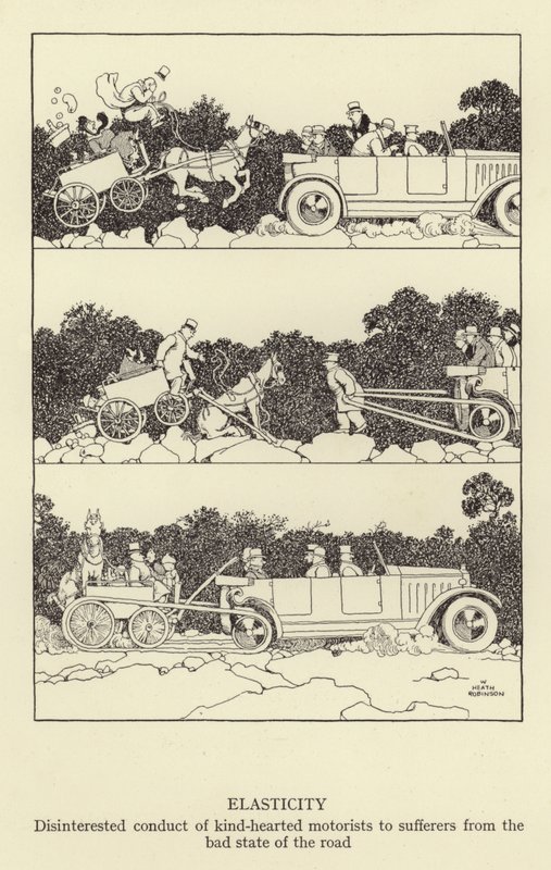 Elastikiyet, iyi kalpli sürücülerin yolun kötü durumundan muzdarip olanlara ilgisiz davranışı by William Heath Robinson