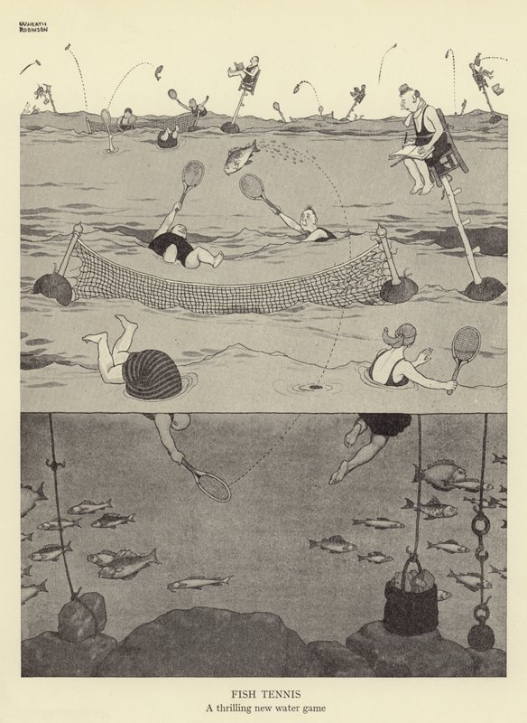 Balık Tenisi, heyecan verici yeni bir su oyunu by William Heath Robinson