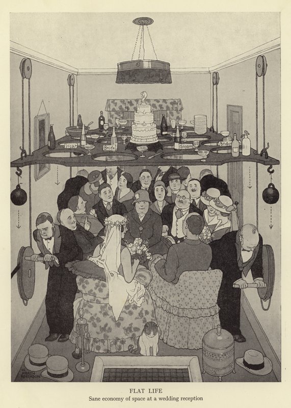 Düz yaşam, bir düğün resepsiyonunda makul alan ekonomisi by William Heath Robinson