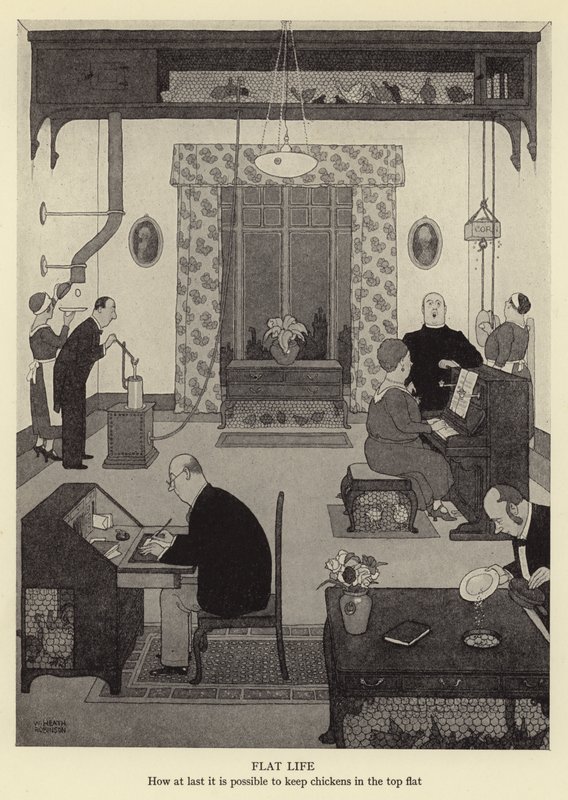 Düz hayat, sonunda tavukları en üst katta tutmak nasıl mümkün olabilir? by William Heath Robinson