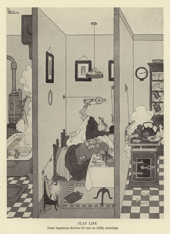 Düz yaşam, soğuk sabahlarda kullanım için bazı ustaca cihazlar by William Heath Robinson
