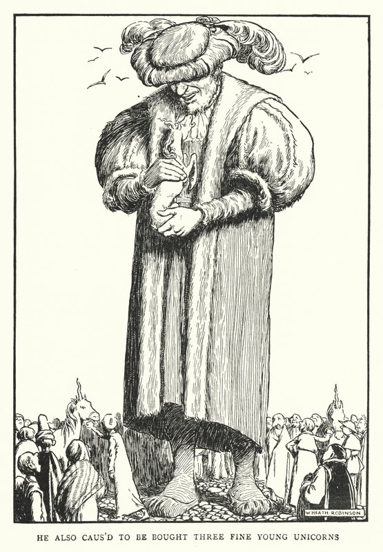 Ayrıca üç güzel genç tek boynuzlu at (lito) satın alınmasına neden oldu. by William Heath Robinson