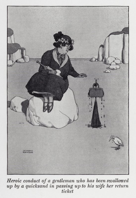 Karısına dönüş biletini verirken bir bataklık tarafından yutulan bir beyefendinin kahramanca davranışı (lito) by William Heath Robinson