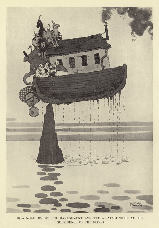 Nuh, maharetli bir yönetimle, tufanın çökmesiyle bir felaketi nasıl önledi? by William Heath Robinson