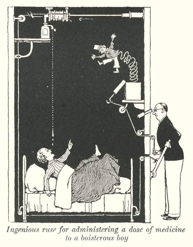 Öfkeli bir çocuğa bir doz ilaç vermek için ustaca bir hile (lito) by William Heath Robinson