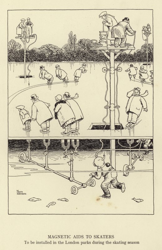 Patencilere, paten sezonunda Londra parklarına kurulacak manyetik yardımcılar by William Heath Robinson